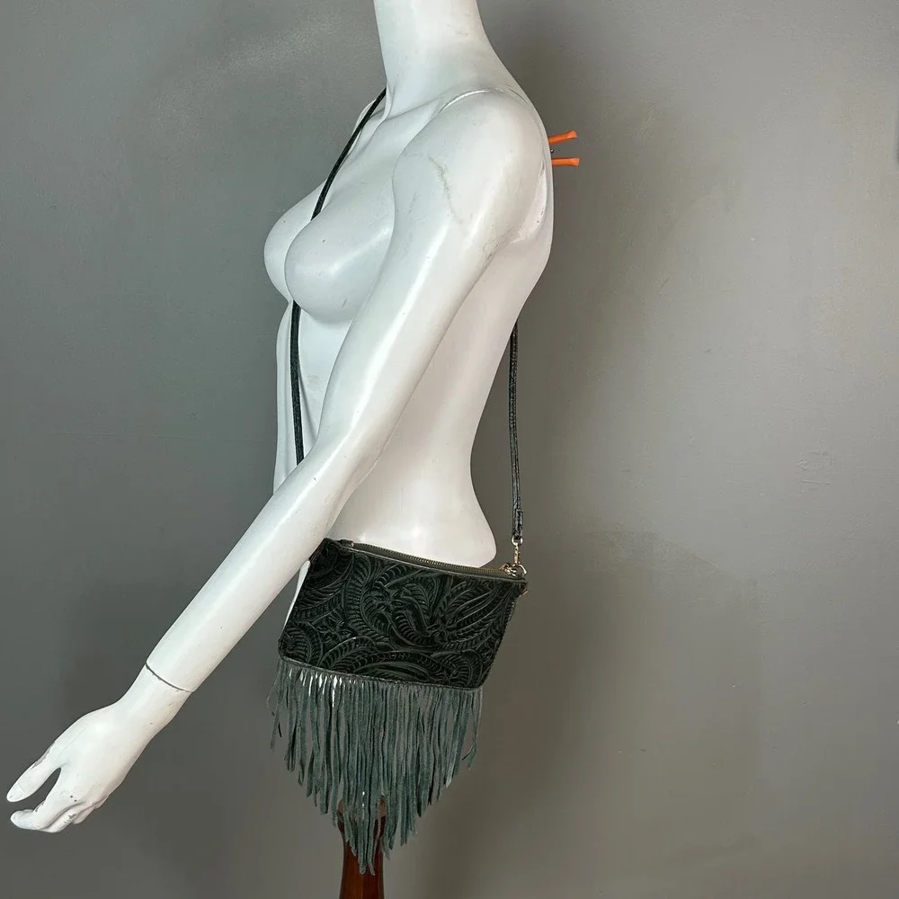 Western Festival Fall Crossbody Bag Floral Tooled Fringe Earthy Dark Fairy